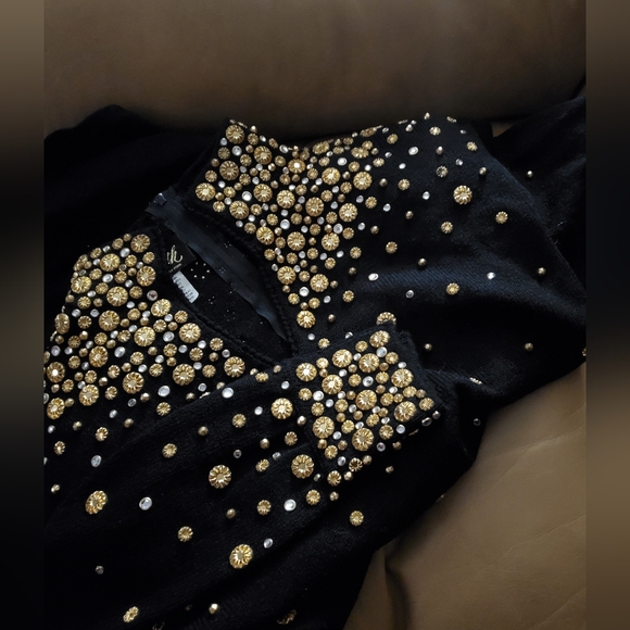 Vintage 80s Black Sweater Dress with Very Heavy beads!! Embellished - Picture 2 of 7